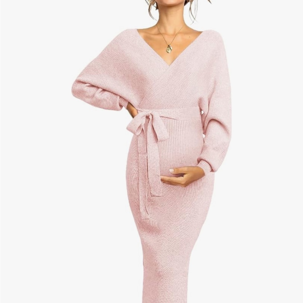 Chic Long Sleeve Pink Maternity Dress